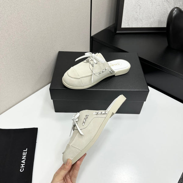 CC 26s Mules Flat Light Gray Suede Leather 109167