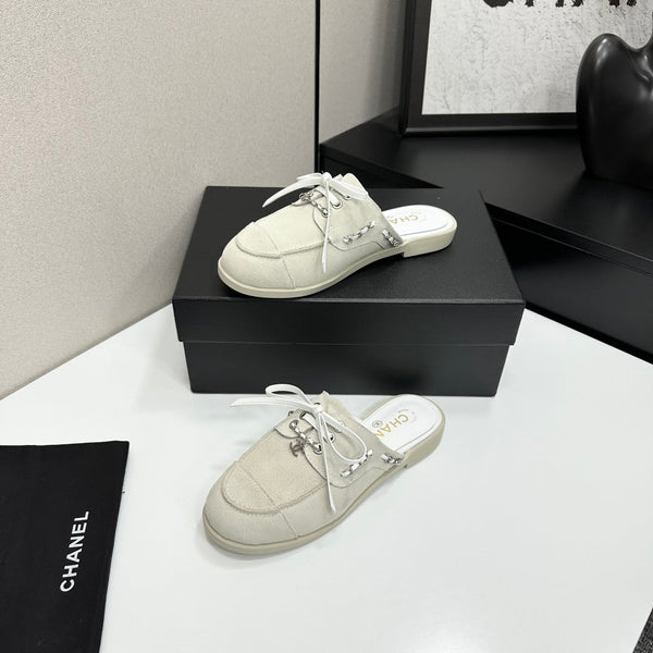 CC 26s Mules Flat Light Gray Suede Leather 109167
