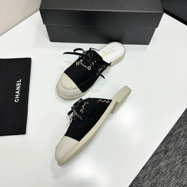CC 26s Mules Flat Black White Suede Leather 109168
