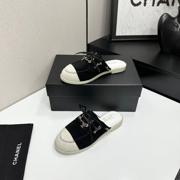 CC 26s Mules Flat Black White Suede Leather 109168