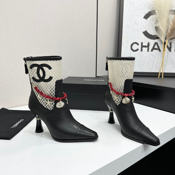 CC 26s Ankle Boots Seashell Charms Black White Mesh Leather 944675