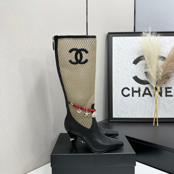 CC 26s Knee-High Boots Seashell Charms Black Beige Mesh Leather 944678