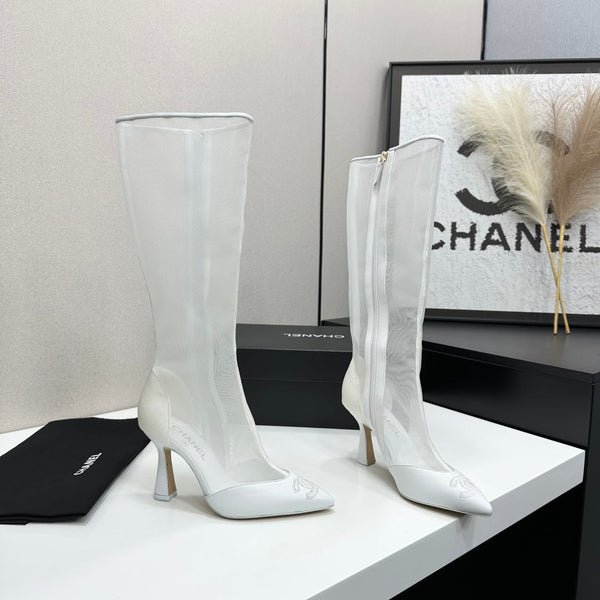 CC 26s Mesh Knee High Boots White Leather 109222