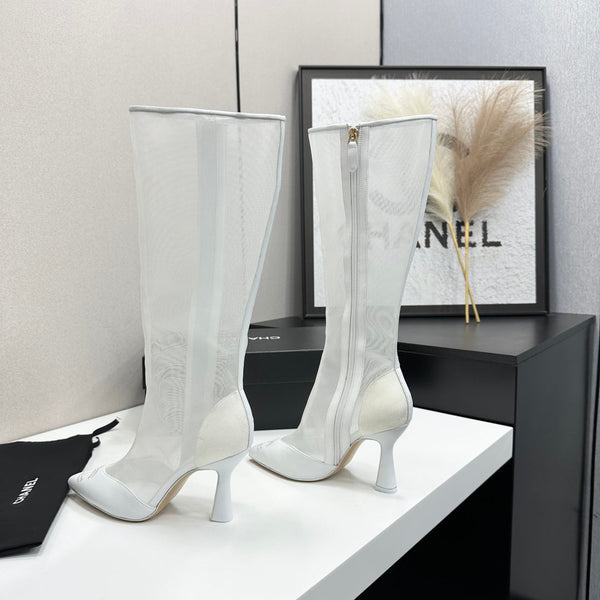 CC 26s Mesh Knee High Boots White Leather 109222