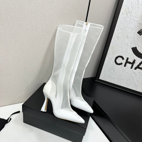 CC 26s Mesh Knee High Boots White Leather 109222