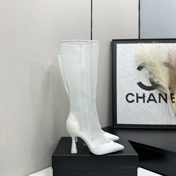 CC 26s Mesh Knee High Boots White Leather 109222