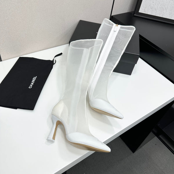 CC 26s Mesh Knee High Boots White Leather 109222