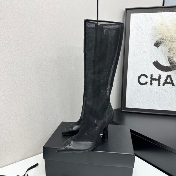 CC 26s Mesh Knee High Boots Black Leather 109224