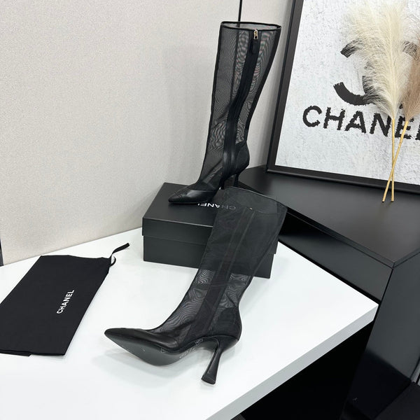 CC 26s Mesh Knee High Boots Black Leather 109224