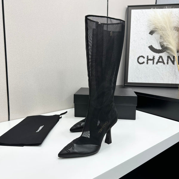 CC 26s Mesh Knee High Boots Black Leather 109224