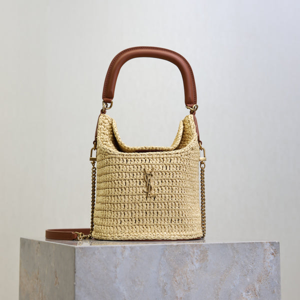 Prada Gaby Bucket 17cm Brown Beige Raffia Leather GHW