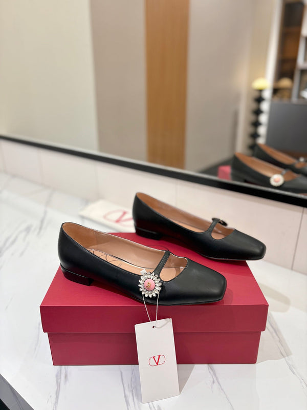 VLTN 26s Mary Jane Flats In Black Calfskin With Crystal Flower