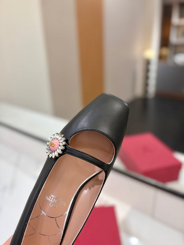 VLTN 26s Mary Jane Flats In Black Calfskin With Crystal Flower