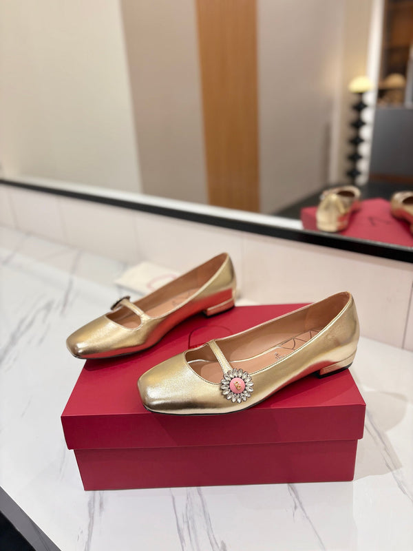 VLTN 26s Mary Jane Flats In Metallic Gold Calfskin With Crystal Flower