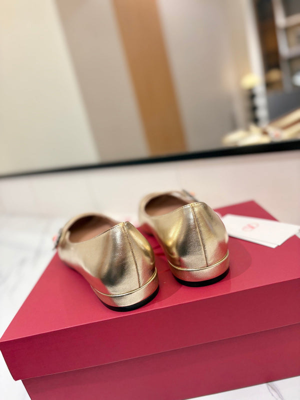 VLTN 26s Mary Jane Flats In Metallic Gold Calfskin With Crystal Flower