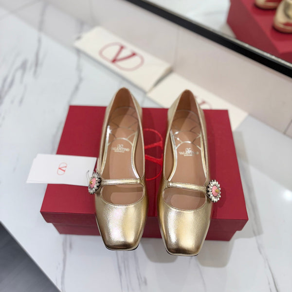 VLTN 26s Mary Jane Flats In Metallic Gold Calfskin With Crystal Flower