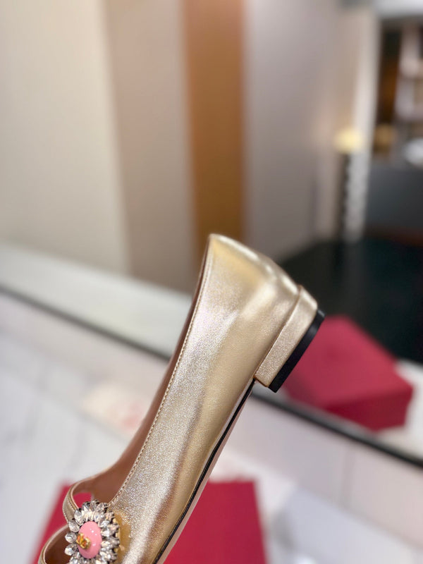 VLTN 26s Mary Jane Flats In Metallic Gold Calfskin With Crystal Flower