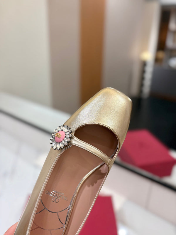 VLTN 26s Mary Jane Flats In Metallic Gold Calfskin With Crystal Flower