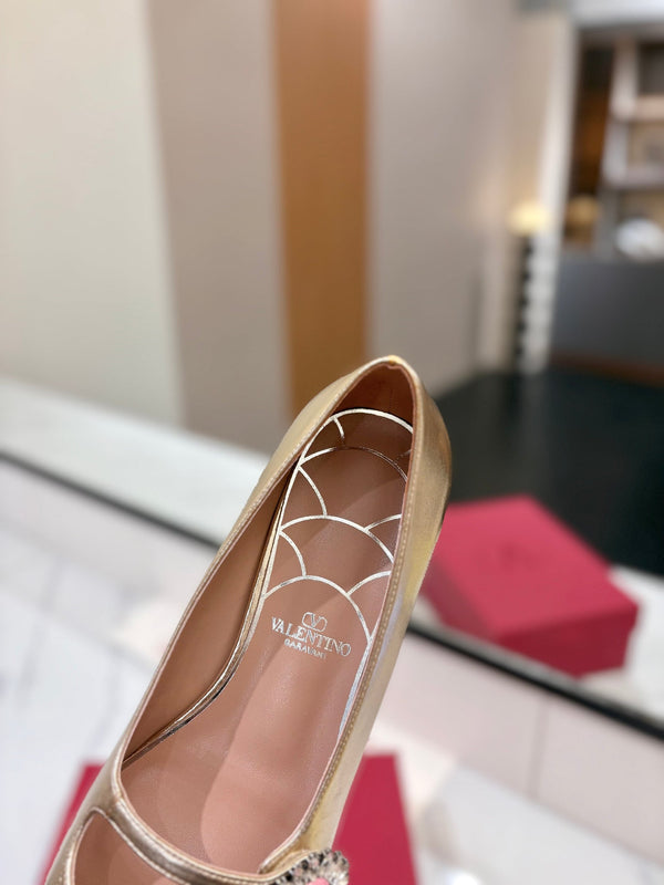 VLTN 26s Mary Jane Flats In Metallic Gold Calfskin With Crystal Flower