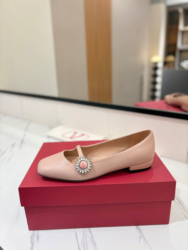 VLTN 26s Mary Jane Flats In Nude Pink Calfskin With Crystal Flower