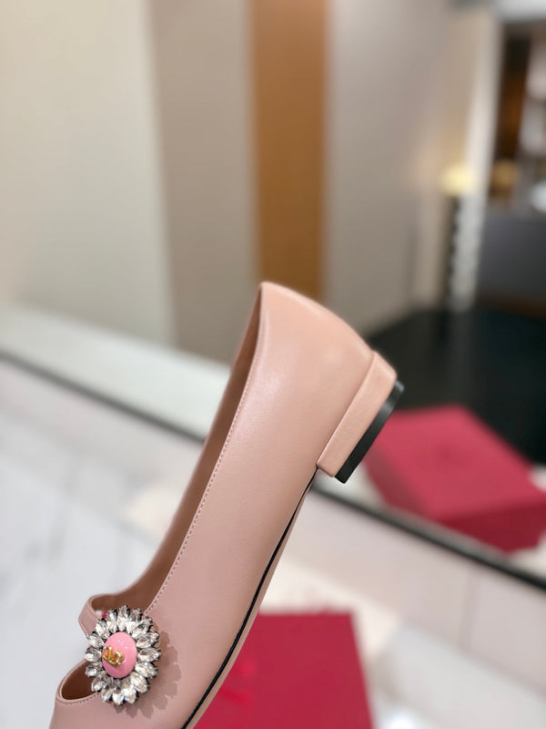 VLTN 26s Mary Jane Flats In Nude Pink Calfskin With Crystal Flower