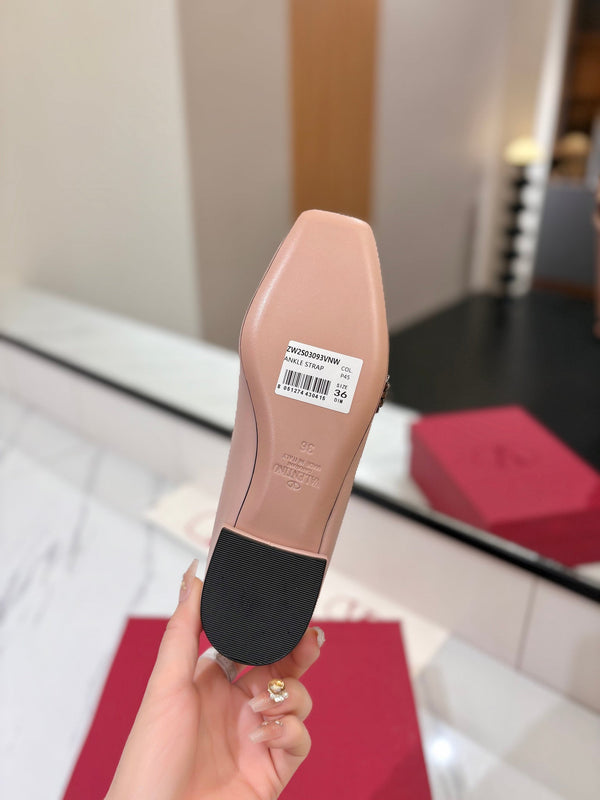 VLTN 26s Mary Jane Flats In Nude Pink Calfskin With Crystal Flower