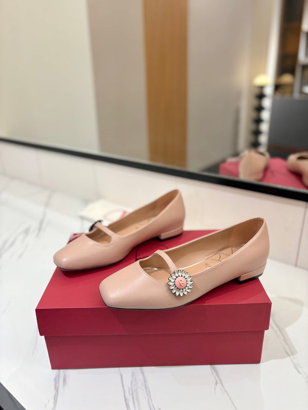 VLTN 26s Mary Jane Flats In Nude Pink Calfskin With Crystal Flower