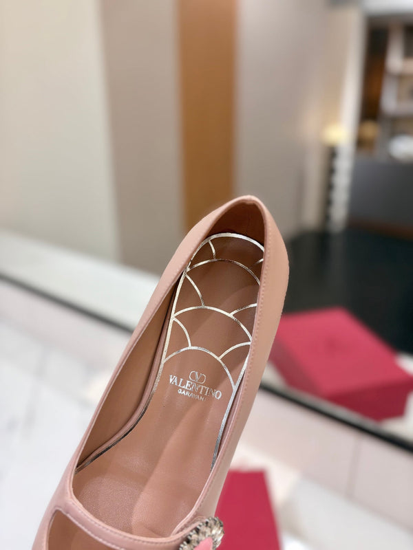 VLTN 26s Mary Jane Flats In Nude Pink Calfskin With Crystal Flower