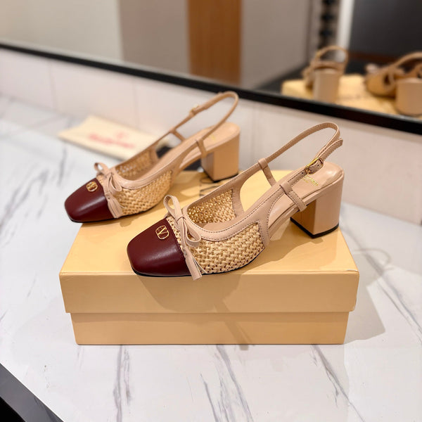 VLTN 26s Valet Du Roi Slingback 6cm Beige Burgundy Raffia Leather 985450