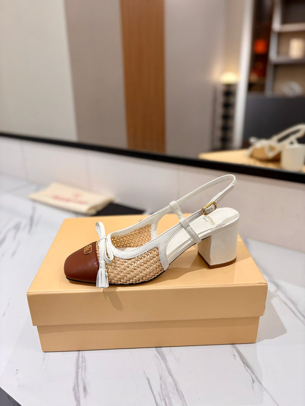 VLTN 26s Valet Du Roi Slingback 6cm White Brown Raffia Leather 985451