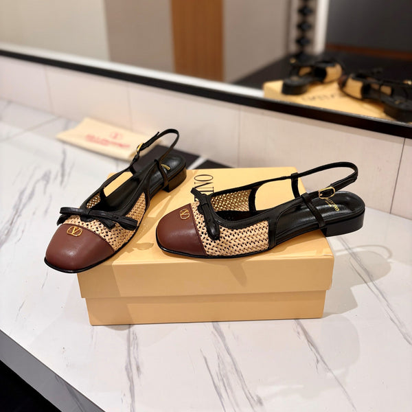 VLTN 26s Valet Du Roi Slingback Flats Black Brown Raffia Leather 985454