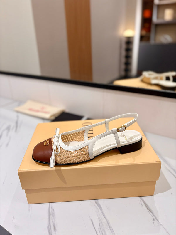 VLTN 26s Valet Du Roi Slingback Flats White Brown Raffia Leather 985455