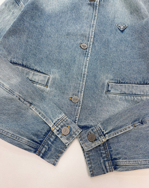 Prada 2025 Three-button Triangle Logo Denim Cropped Jacket Blue Cotton