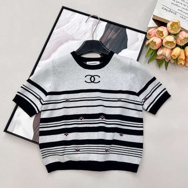 Chanel 2026 Striped Knit Short-Sleeve Top Black White Wool Nylon