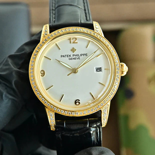 Patek Philippe Calatrava 40mm Diamond Benzel White Dial Black Strap