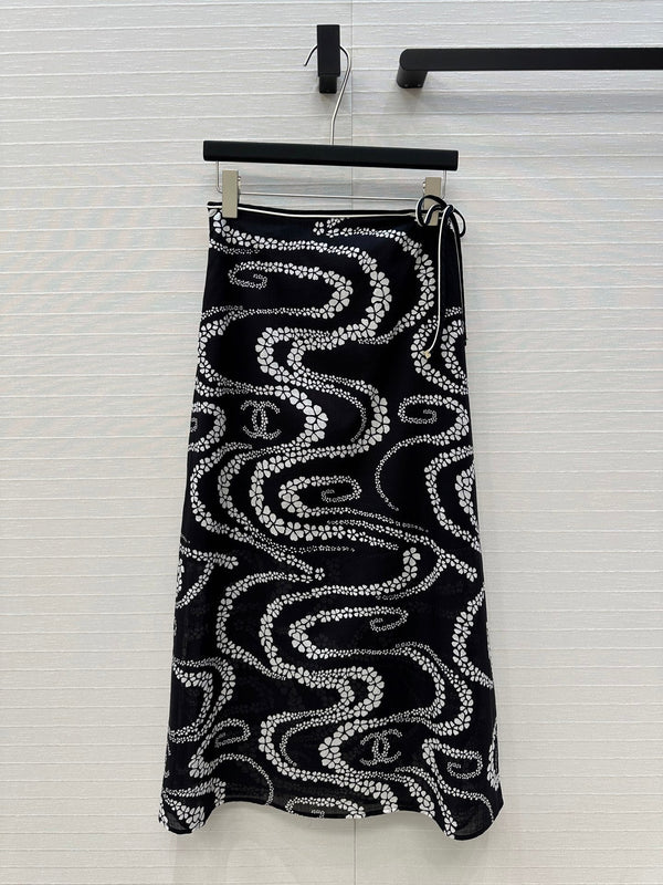 CC 25 Wave Pattern Long Skirt Black Silk Cotton