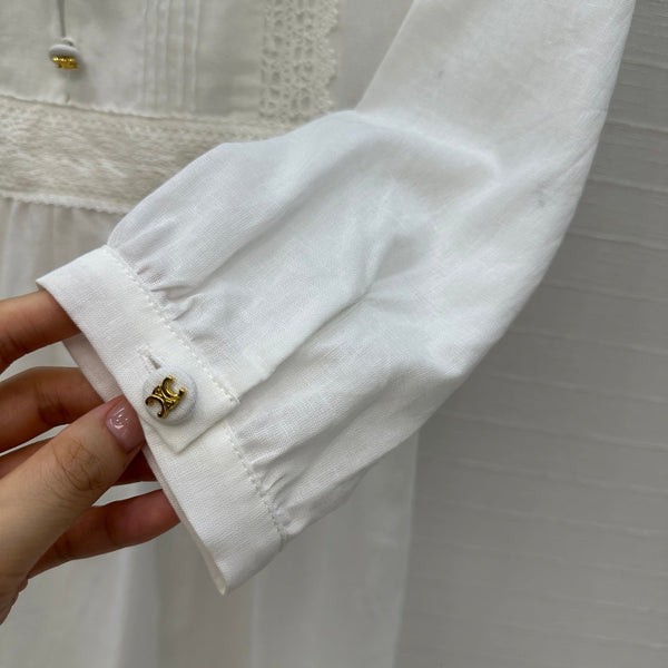 Celine 25 Embroidered V-neck Dress White Cotton