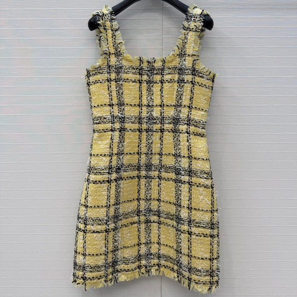 Balmain 26s Slip Dress Yellow Black Tweed 346071