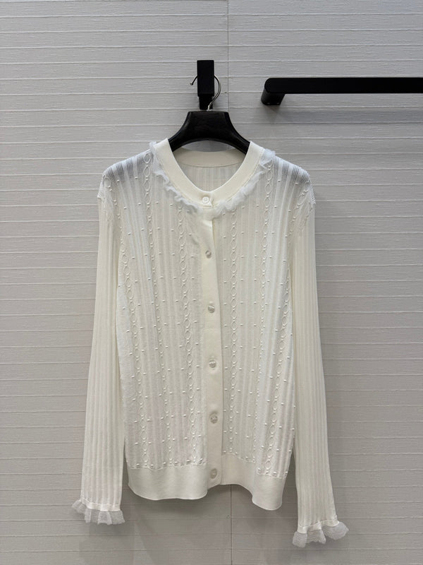 HM Long-Sleeve Sweater With Ruffled Details White Modal Nylon