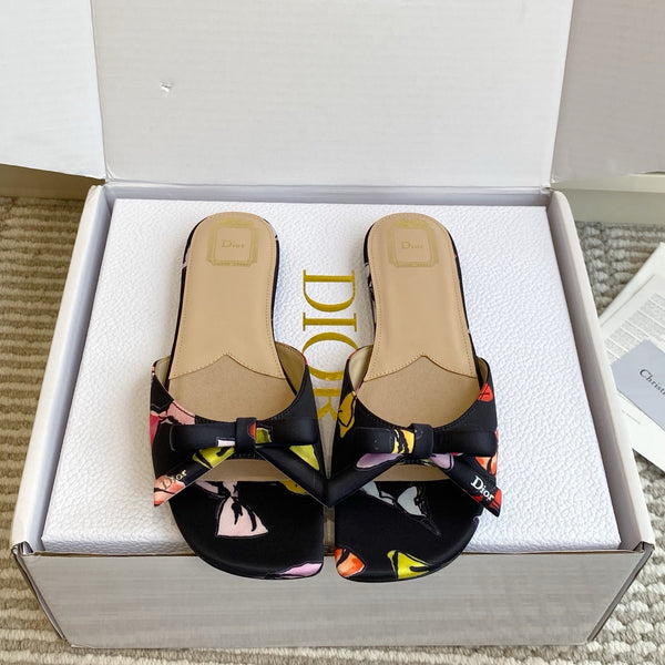 CD 26s Bow Kitten Flat Open Back Sandals Black Lambskin 909654
