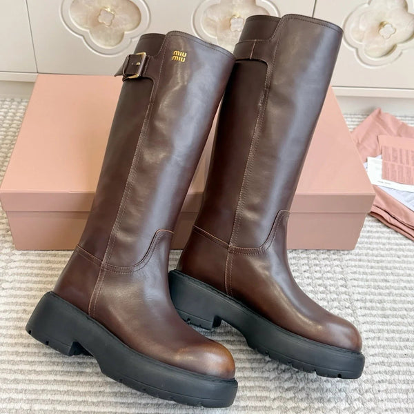 Miu 2026 Buckle-Detail Knee-High Boots Leather 955680