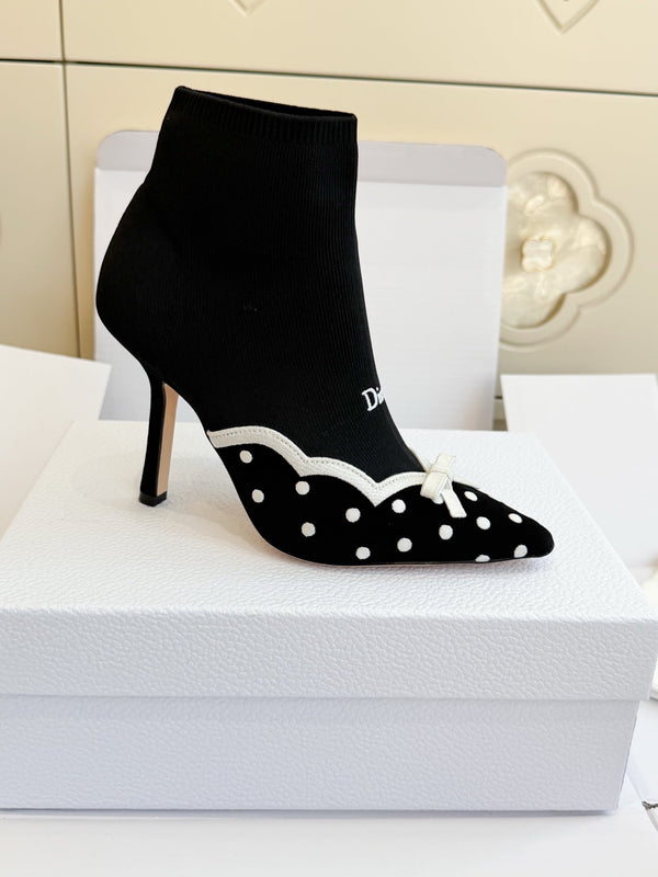 CD 26s Knit Sock Ankle Boots Black Polka Dot Knit Velvet 122079