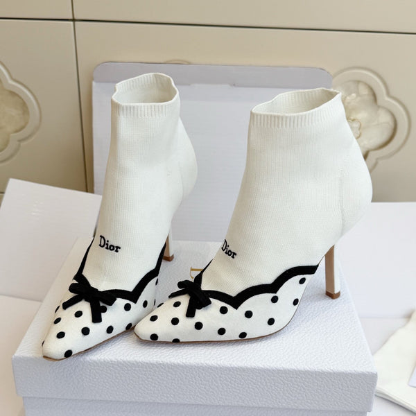 CD 26s Knit Sock Ankle Boots White Polka Dot Knit Velvet 122080