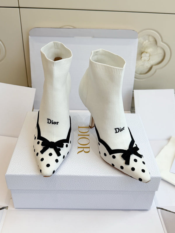 CD 26s Knit Sock Ankle Boots White Polka Dot Knit Velvet 122080