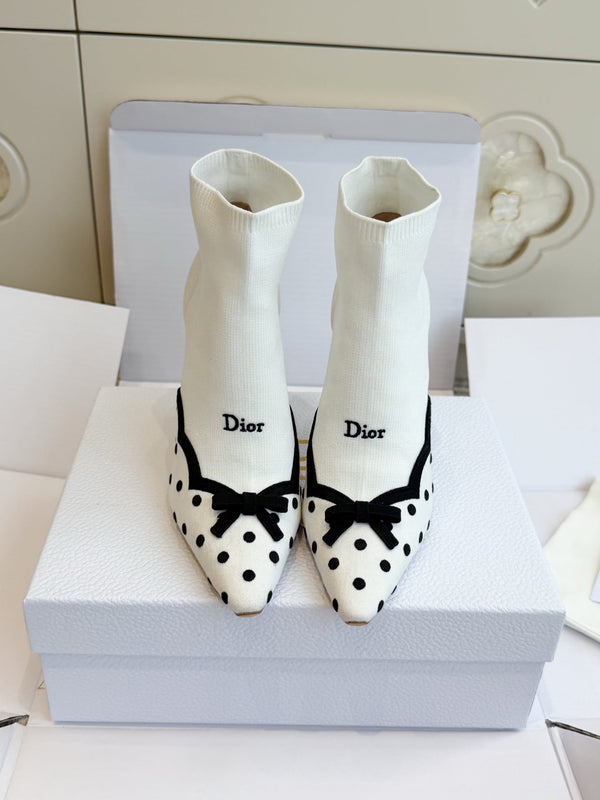 CD 26s Knit Sock Ankle Boots White Polka Dot Knit Velvet 122080