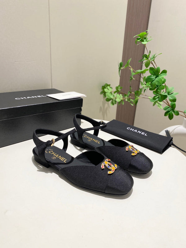 CC 25P Colorful Double Buckle Mary Jane Sandals Black Frabic 466988