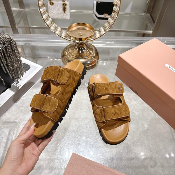 Miu Comfort Sandals Brown Quilted Suede 751302