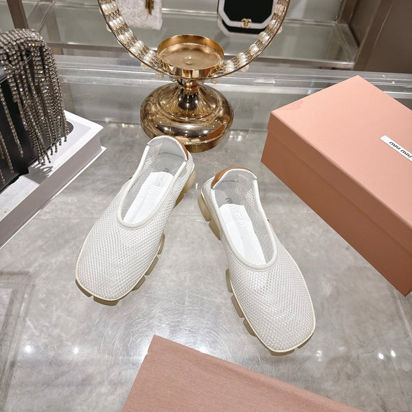 Miu Ballerinas White Light Brown Technical Mesh Leather 751305