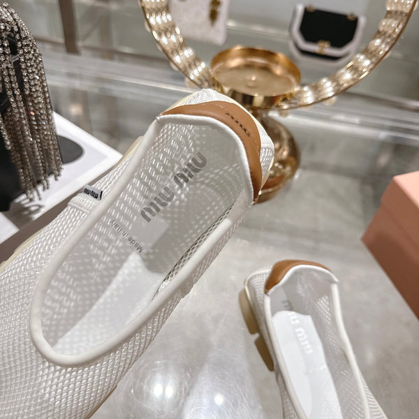 Miu Ballerinas White Light Brown Technical Mesh Leather 751305
