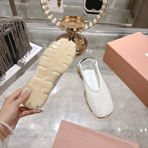 Miu Ballerinas White Black Technical Mesh Leather 751306